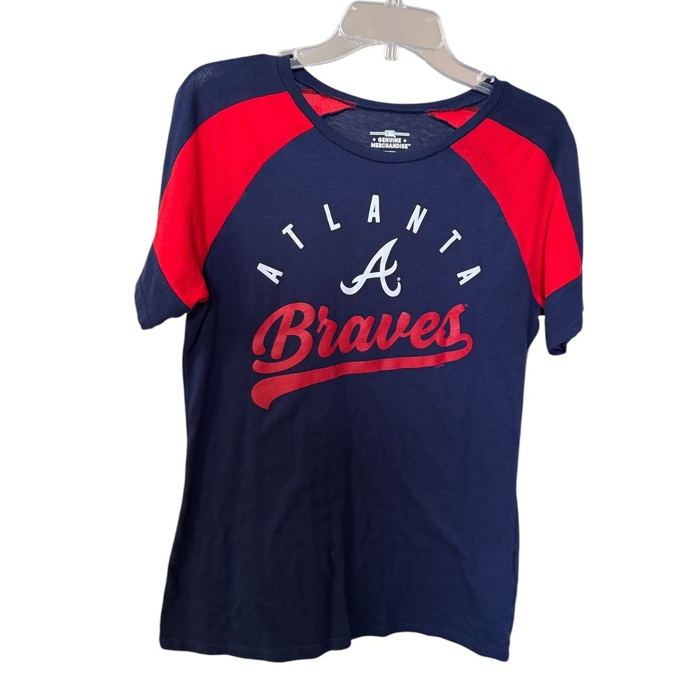 MLB Atlanta Braves Womens Raglan Graphic T-Shirt Navy Blue Red Sz M Baseball Tee